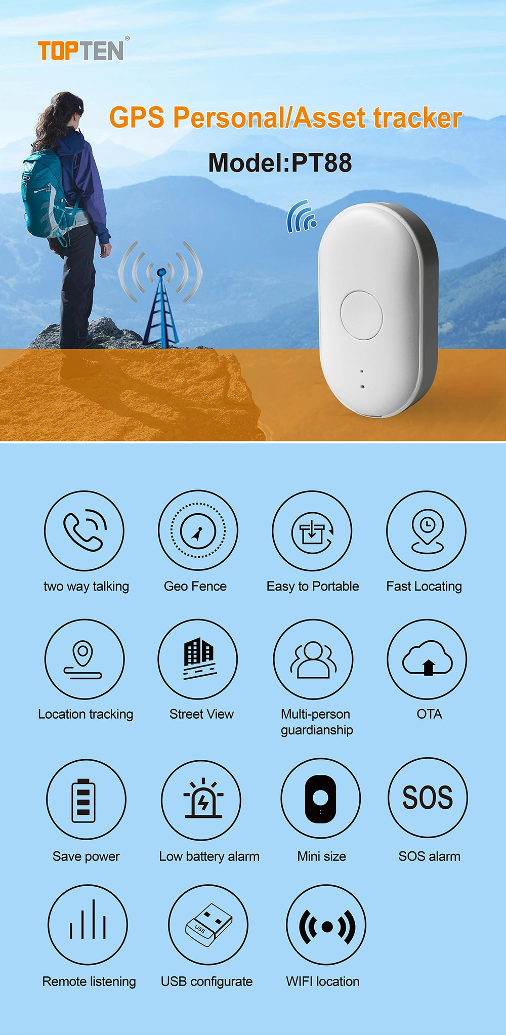 Long Standby Portable GPS Personal Tracker for Kids Elder and Pets (PT88-WL)