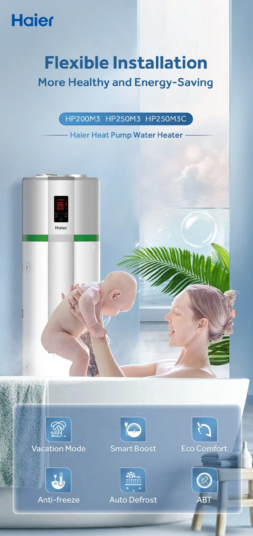 Low Price High Cop Residential Domestic High Temperature 75 Degree Mini R134A Air to Water All in One Type Air Source Heat Pump Hot Water Heater with 250L Tank