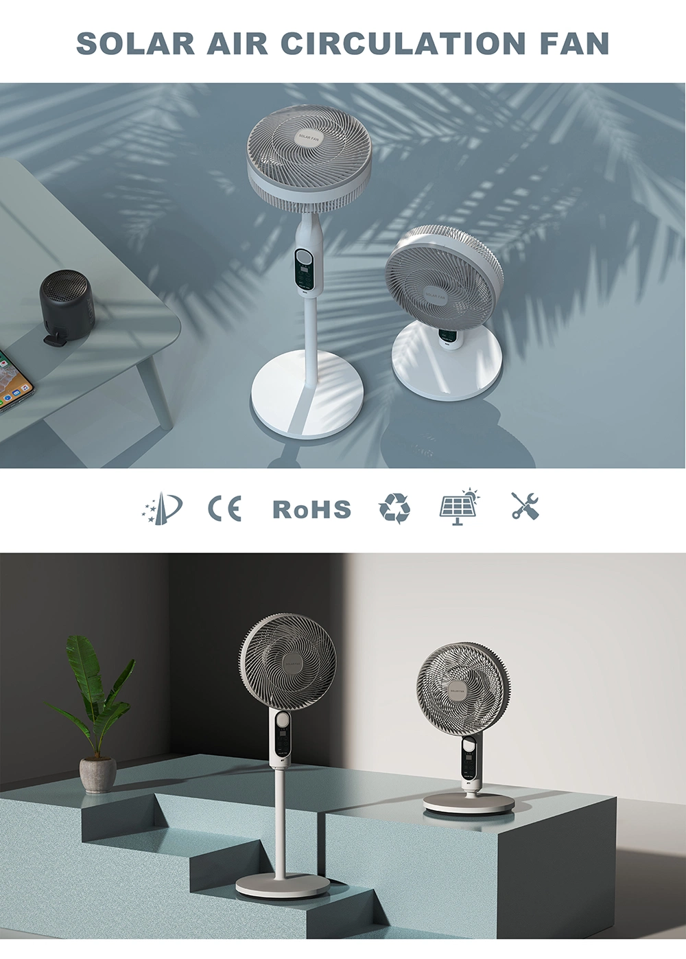 Cooling Rechargeable Solar Fan Solar Stand Fan Solar Table Fan with Bulb Smart Control for Home Use with Solar Panel