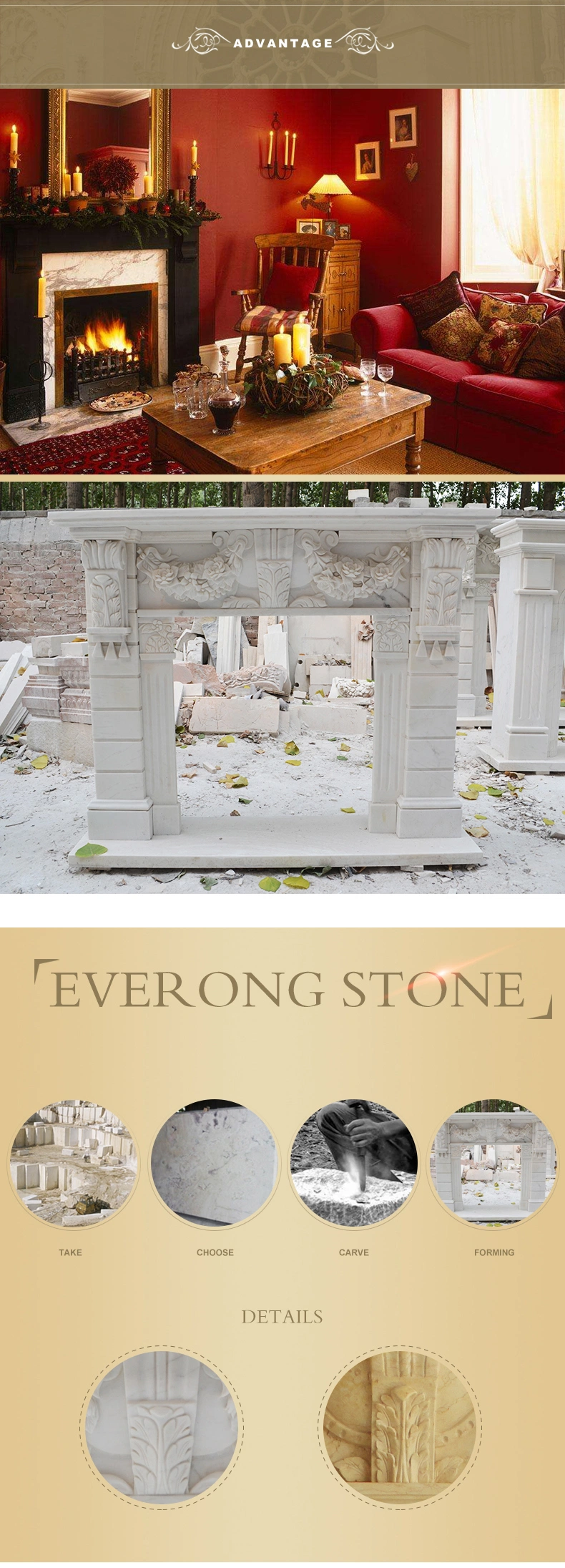 Customized Fireplace Surround White Marble Fireplace Mantel with Flower Carving