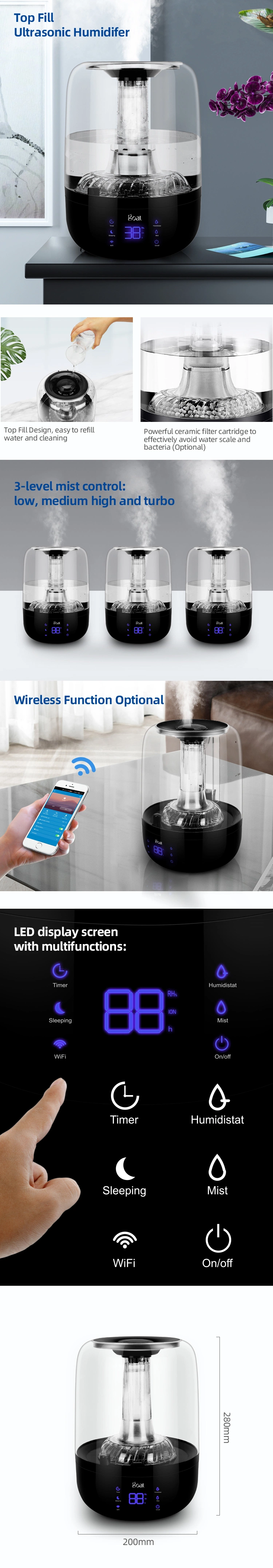 Top Filling 3L Humidifier Wireless Digital Humidifier Automatic Smart Humidifier