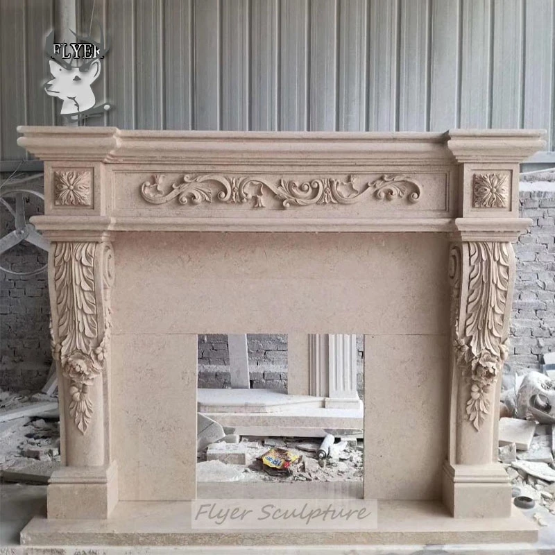 Home Decoration Customized Solid Natural Marble Fireplace Mantel with Flower Carvings