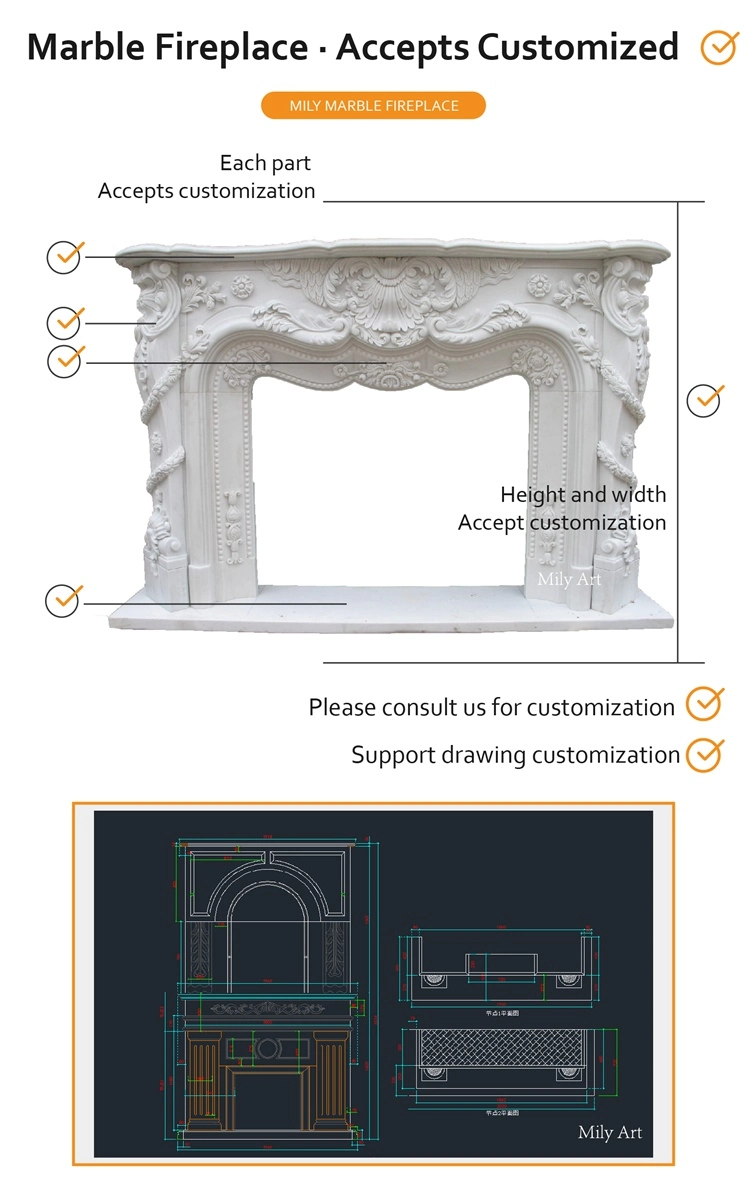 Rococo Baroque Style Hand Made Carved French Inspired Marble Fireplace Mantel