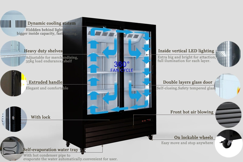 Commercial Swim Double Door Bottle Display Drinks Cooler Fridge Chiller Beer Wine Height 1500mm Refrigerator