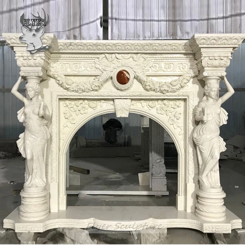 Home Decoration Customized Solid Natural Marble Fireplace Mantel with Flower Carvings