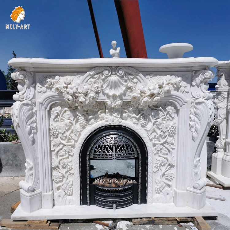 Rococo Baroque Style Hand Made Carved French Inspired Marble Fireplace Mantel