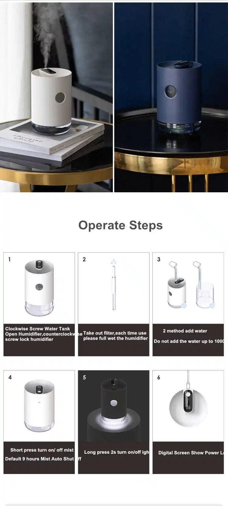 New Arrival 1000ml H2O Portable Wireless Humidifier USB Electric Rechargeable Smart Aroma Diffuser