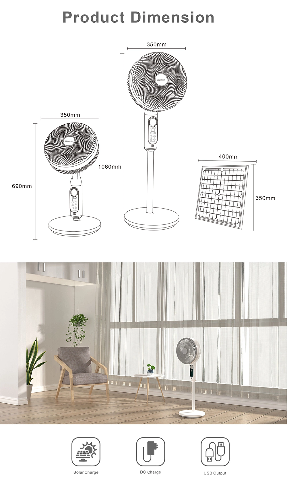 Cooling Rechargeable Solar Fan Solar Stand Fan Solar Table Fan with Bulb Smart Control for Home Use with Solar Panel
