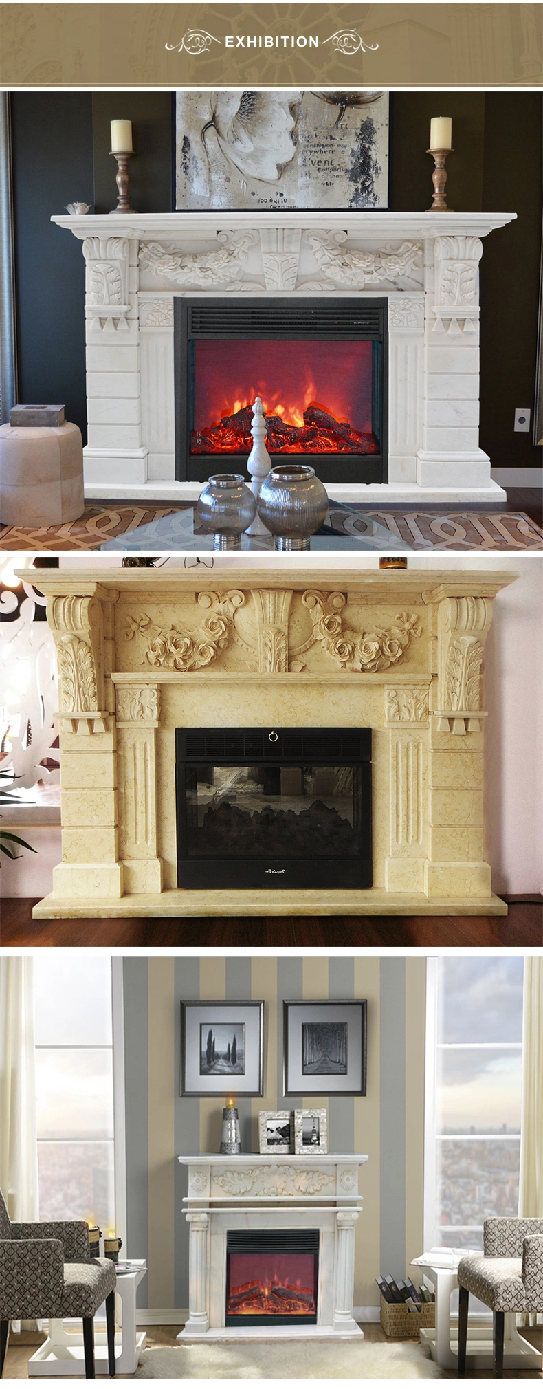 Customized Fireplace Surround White Marble Fireplace Mantel with Flower Carving