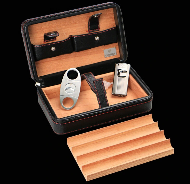 Custom Black Leather Travel Cigar Humidor Case Cedar Wood Portable Cigar Box Removable Cedar Tray with Gift Box