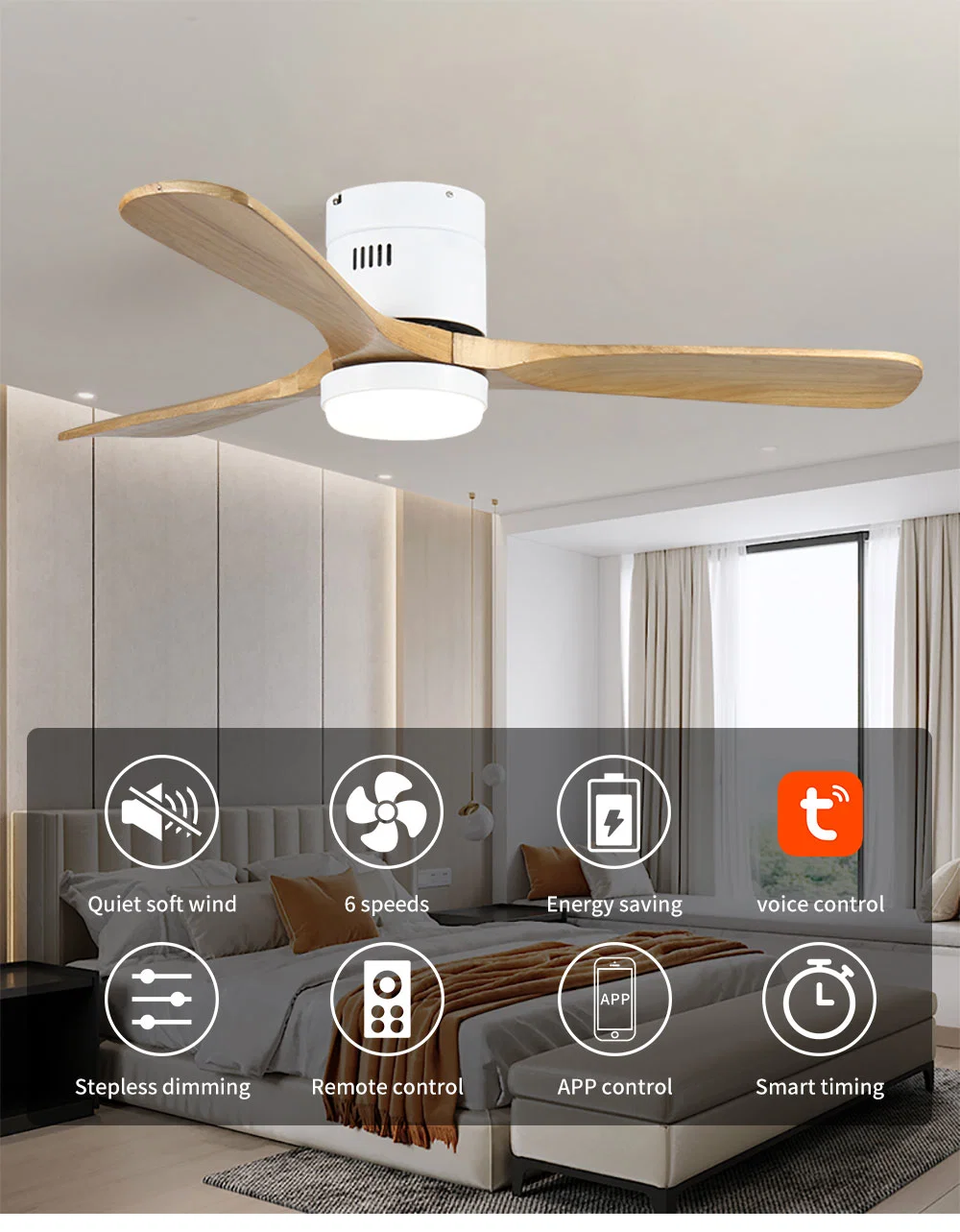 Bluetooth Speaker WiFi Solid Wood Blades Ceiling Fan Light 3 LED Light