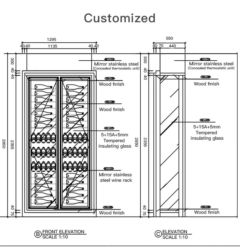 Jiufu Customzied Aging Refrigerator Elegant Glass Wine Rack Wall Mounted Built-in Champagne Wine Coolers Chillers Appliance Refrigerator