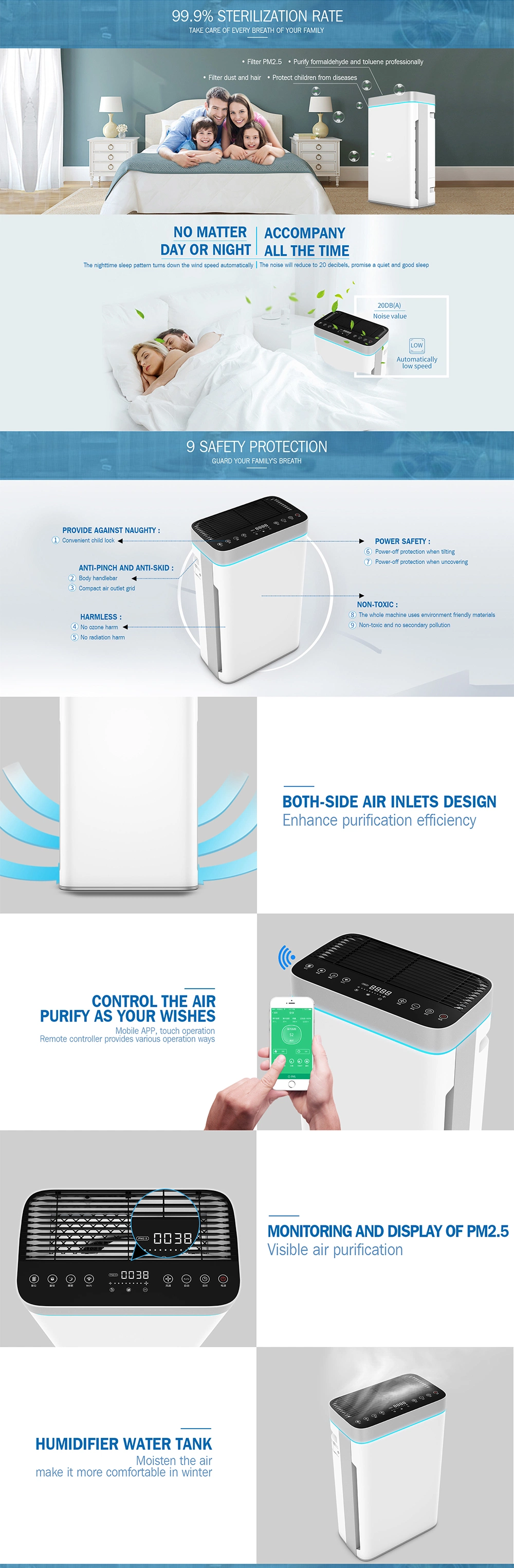 Multi-Function HEPA Filter Air Purifier Floor Standing Air Purifier Dehumidifier with Smart WiFi Control