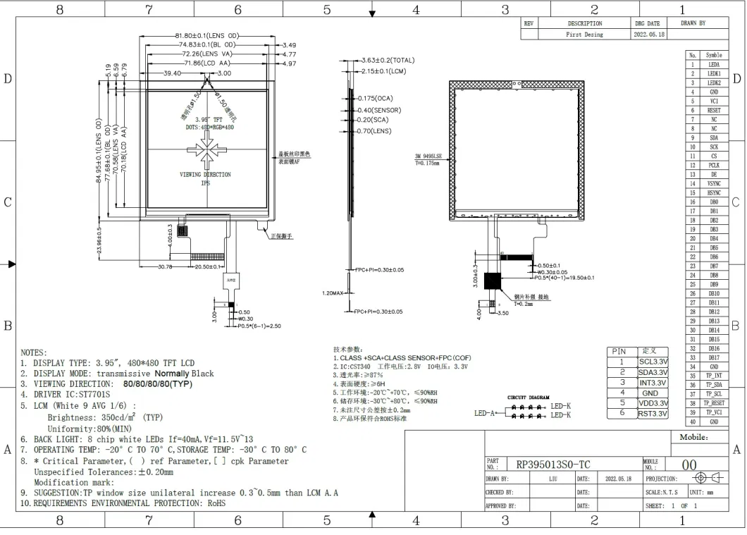 Customzied 3.95&quot;Smart Panel Display IPS Square Screen 480*480 Apply for Switch Panel, Smart Home Appliance, Industrial Control Panel