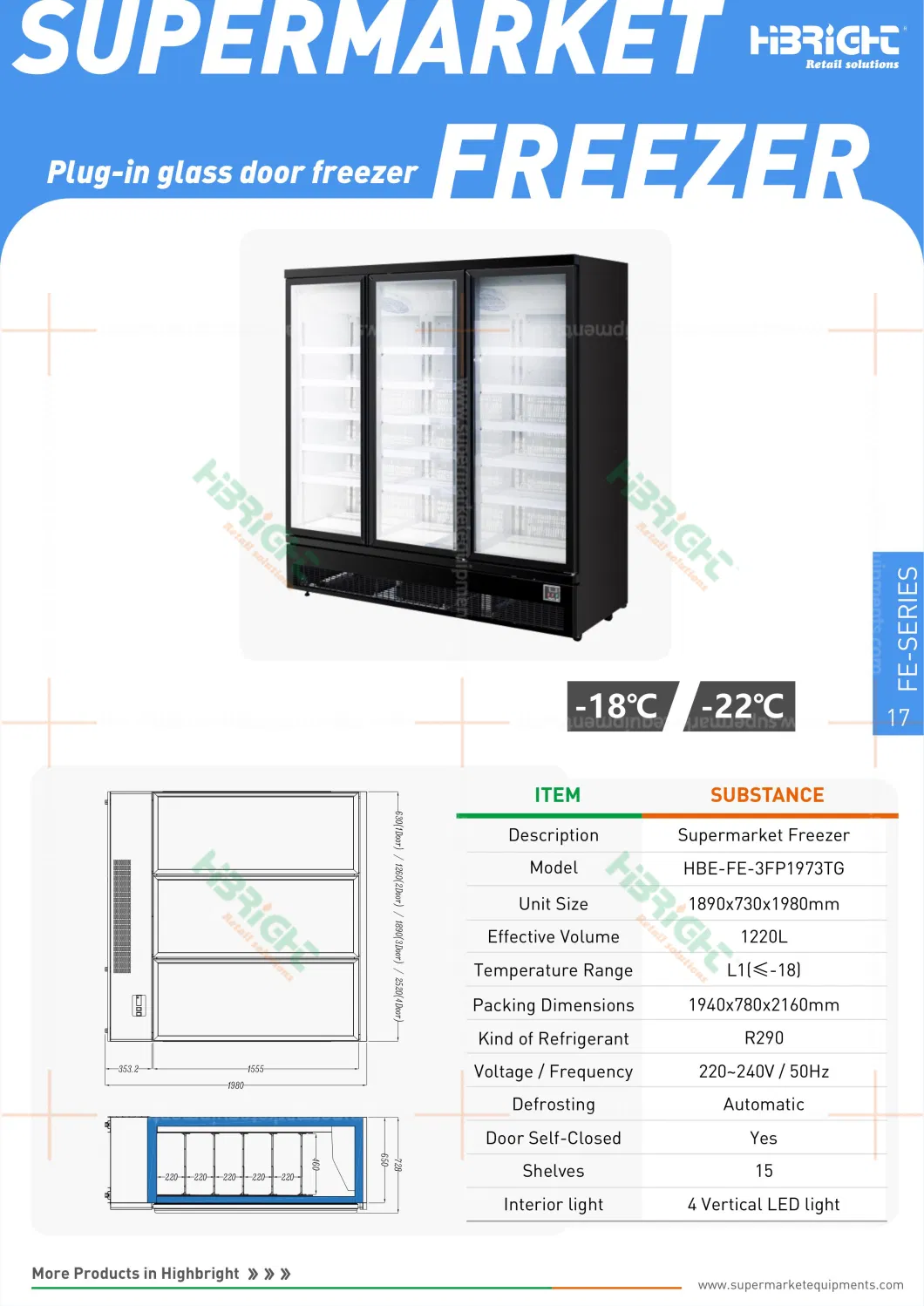 Automatic Defrosting Vertical LED Lights Commercial Supermarket Refrigerator