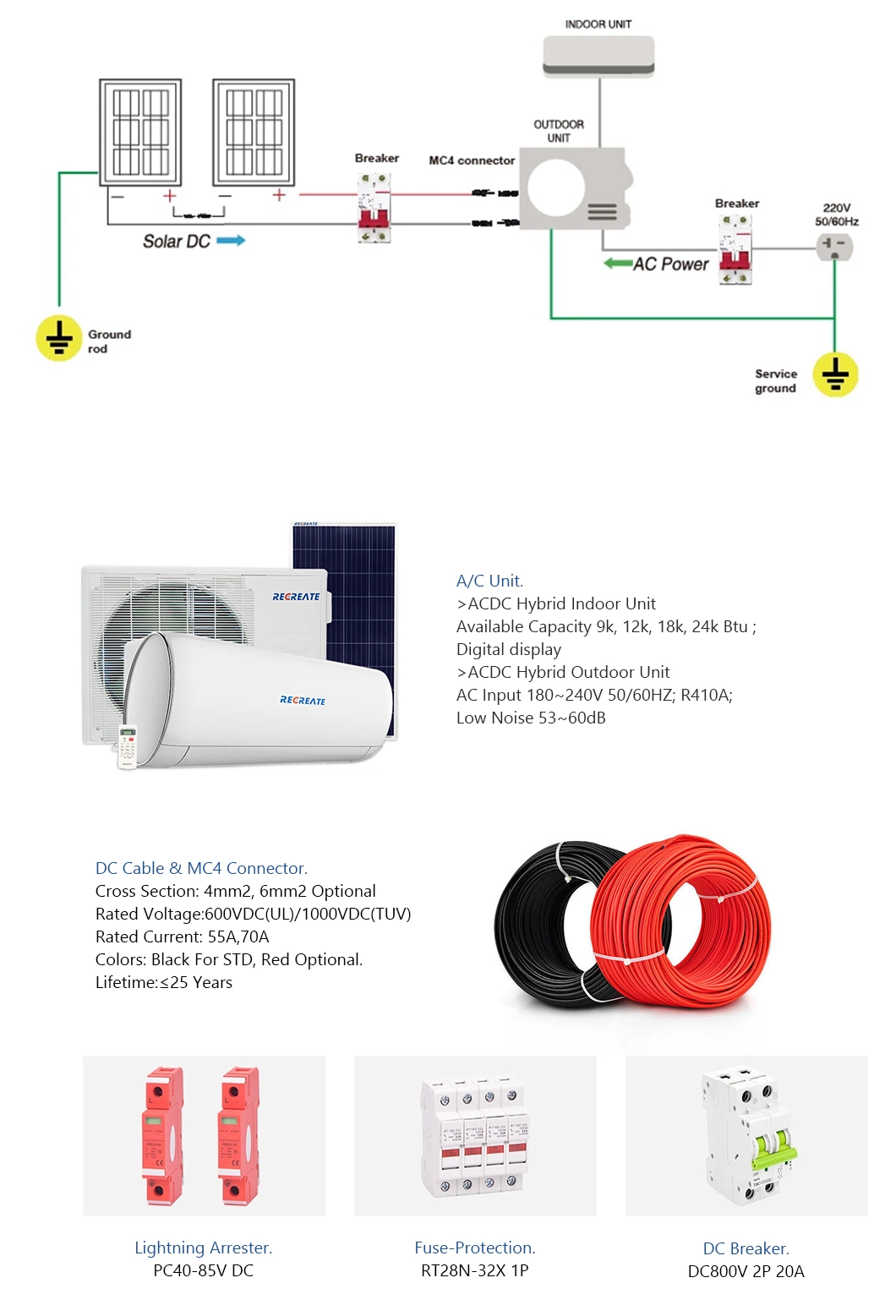 9000BTU Split Tpye Wall Mounted Solar Air Conditioner with R410 R32