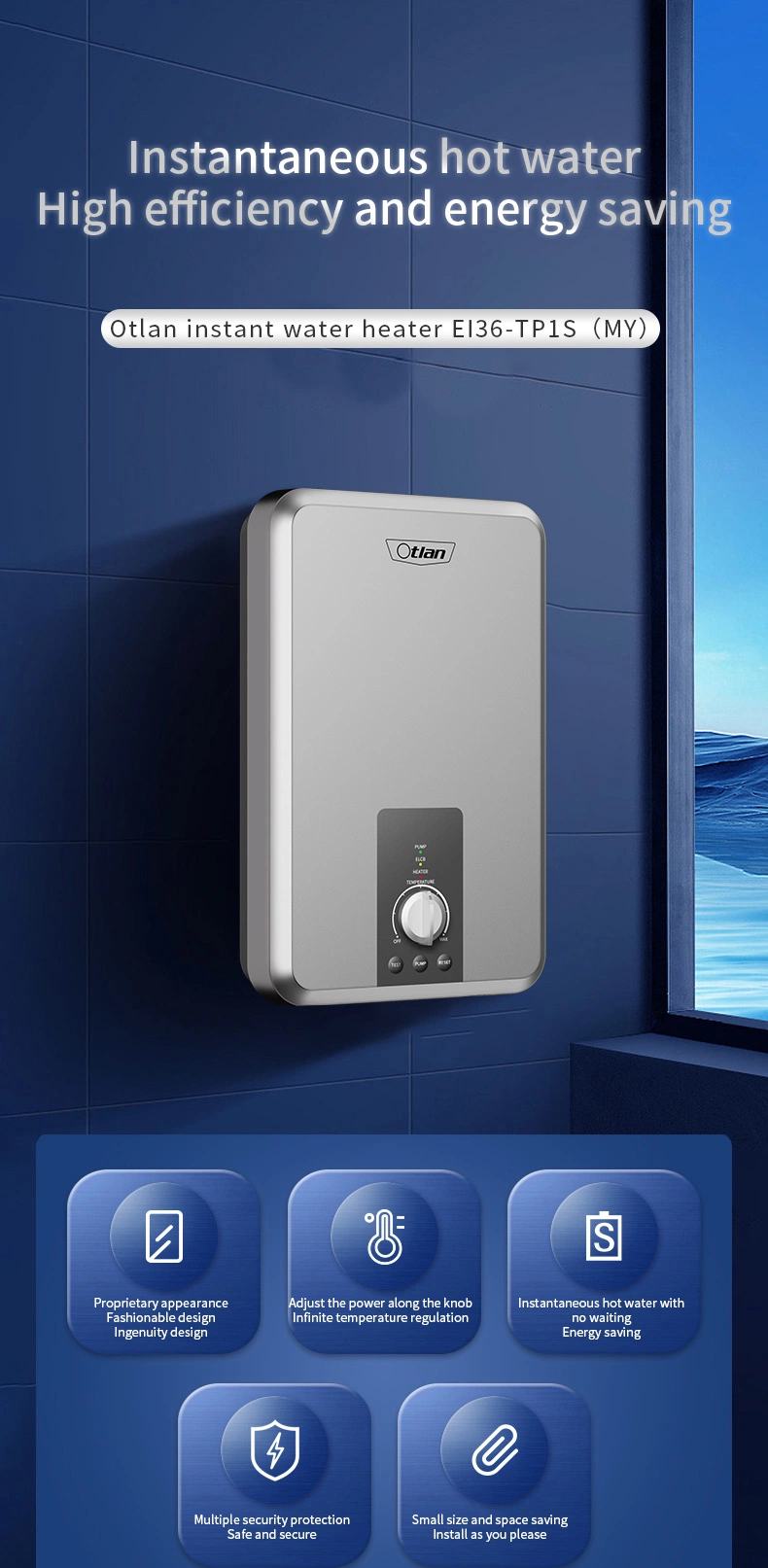 Otlan Intelligent Electric Hot Water System Mall-Mounted CB Instant Water Heater with Boost Pressure Pump