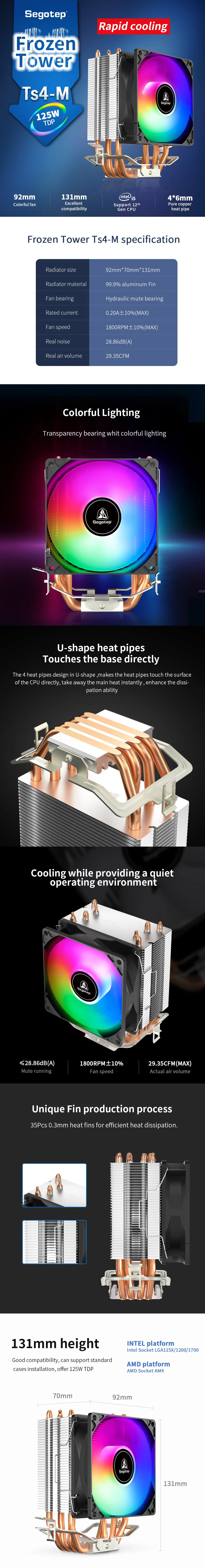 Segotep Frozen Tower Ts4-M Multiple Platform AMD Intel Gaming Computer Air Cooling Radiator PC Cooling Fan Low Profile 9cm Fan