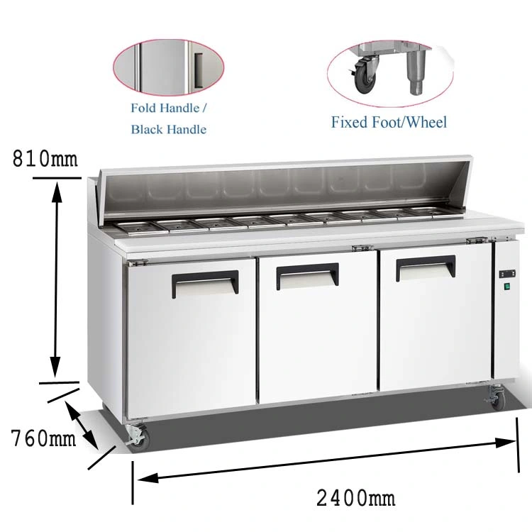 Cheering Three Door Stainless Steel Pizza Display Counter Workbench Table Refrigerator