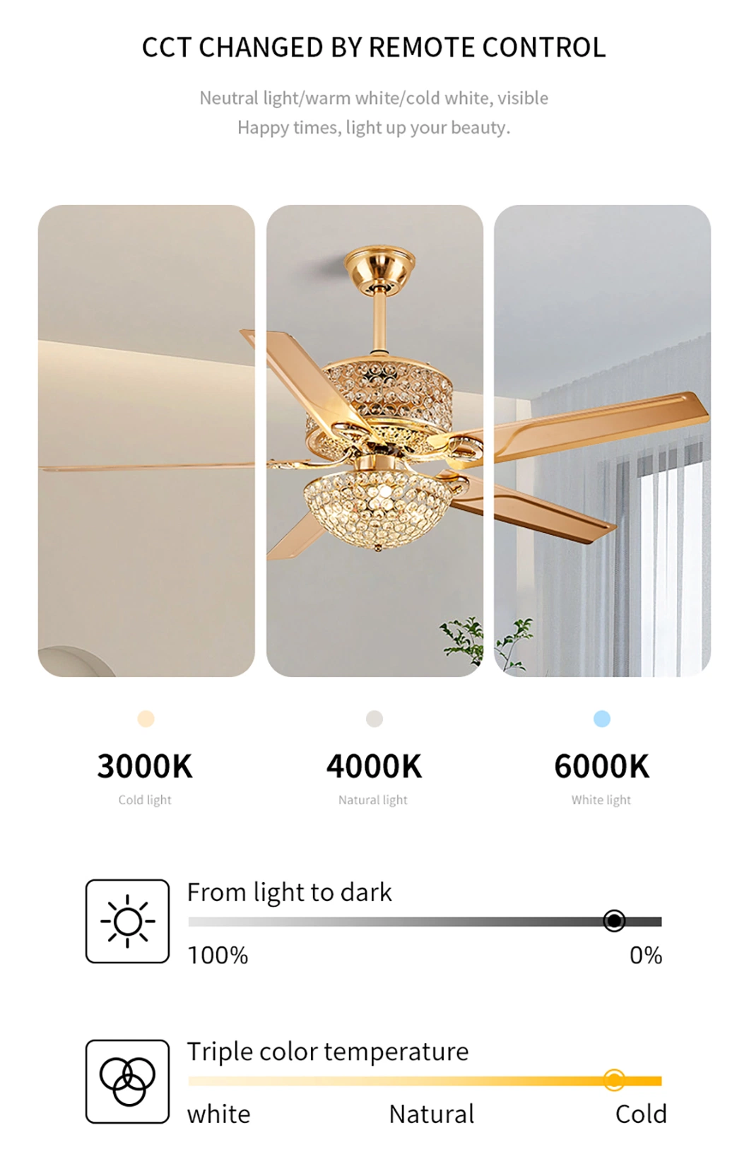 Luxury Crystal Fan with Indoor Lower Noise Intelligent Remote Control Ceiling Light