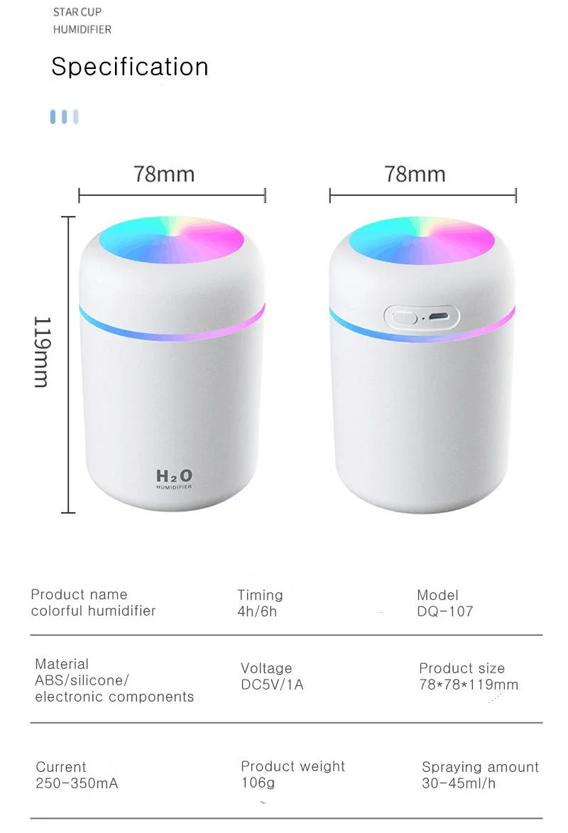 Colorful Portable 300ml H2O Humidifier Scent H20 Fragrance Aromatherapy Aroma Diffuser Electric Car Essential Oil Diffuser Machine