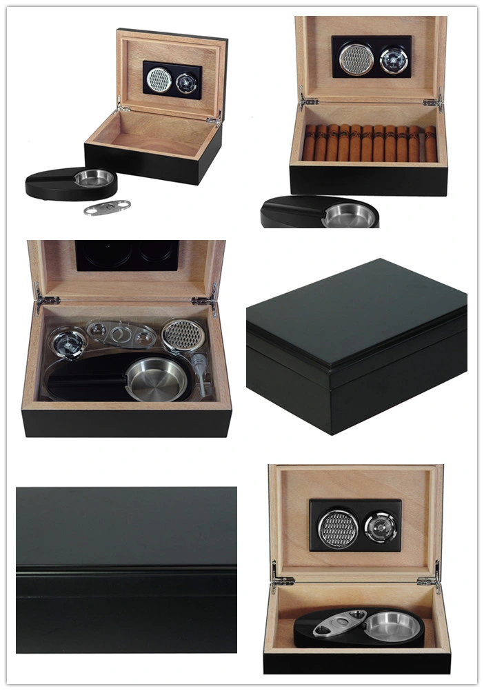 Hot Black Wooden Cigar Humidor with Cigar Accessories Box