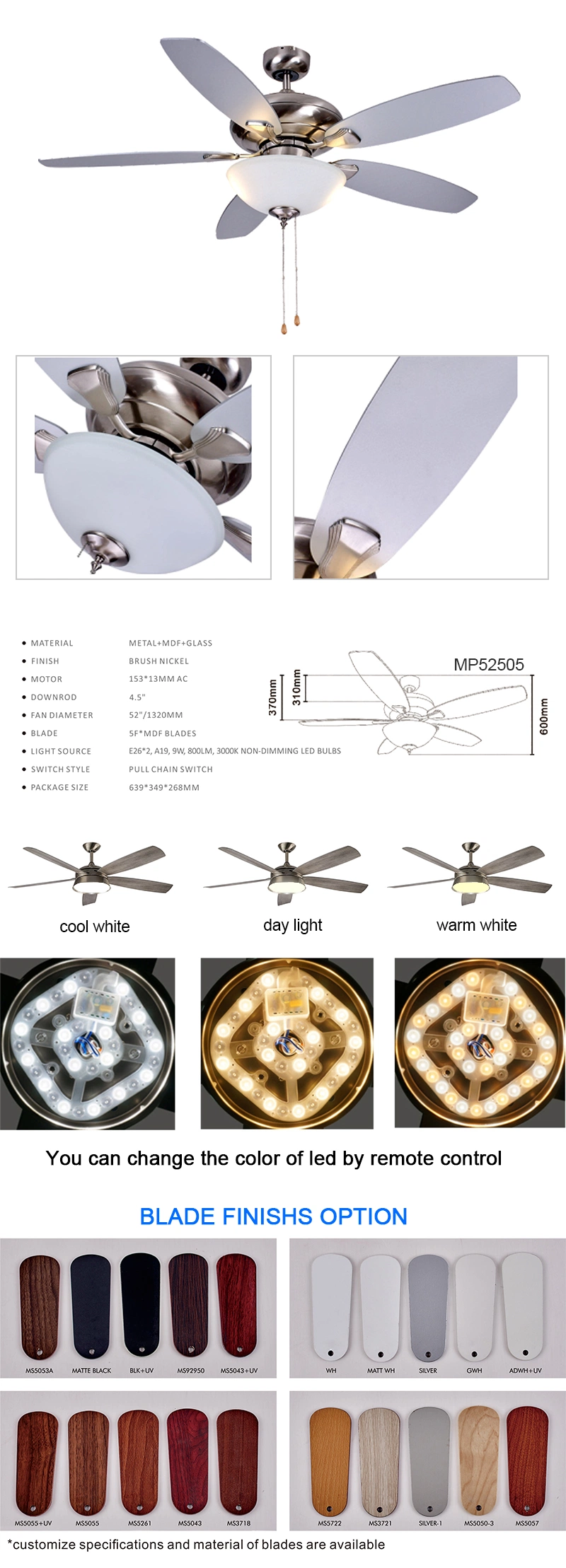 Home Decoration Intelligent Fan Ventiladores De Techo with Remote Control Exhaust Fan LED Light 52 Inch Cooling Fans Modern Ceiling Fan DC Motor Electric Fans