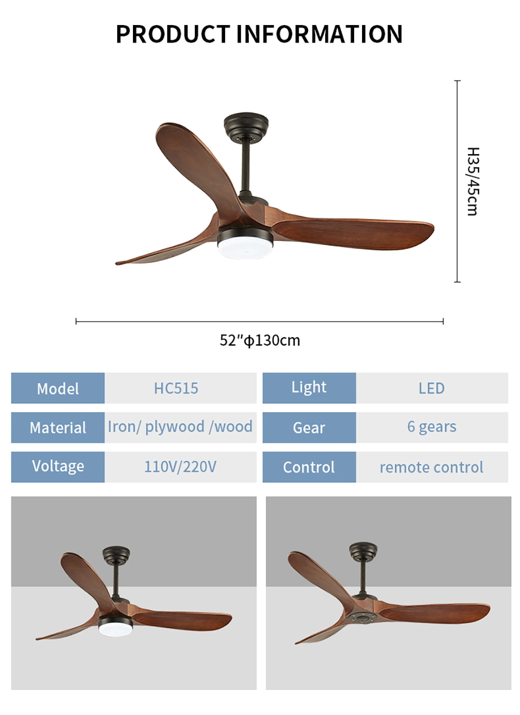 European Flush Mounted Wood Blades Hotel Decorative Wooden Modern Ceiling Fan Without Lights