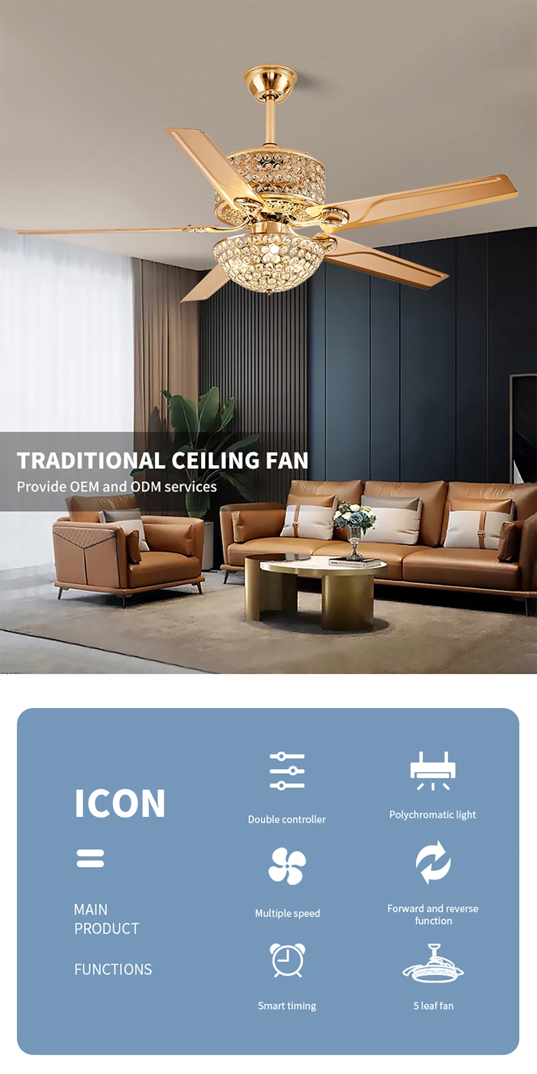 Luxury Crystal Fan with Indoor Lower Noise Intelligent Remote Control Ceiling Light