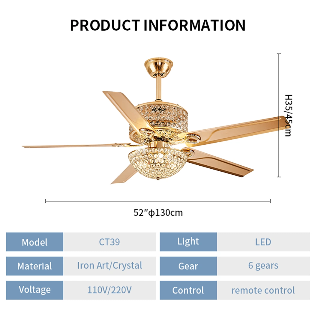 Luxury Crystal Fan with Indoor Lower Noise Intelligent Remote Control Ceiling Light