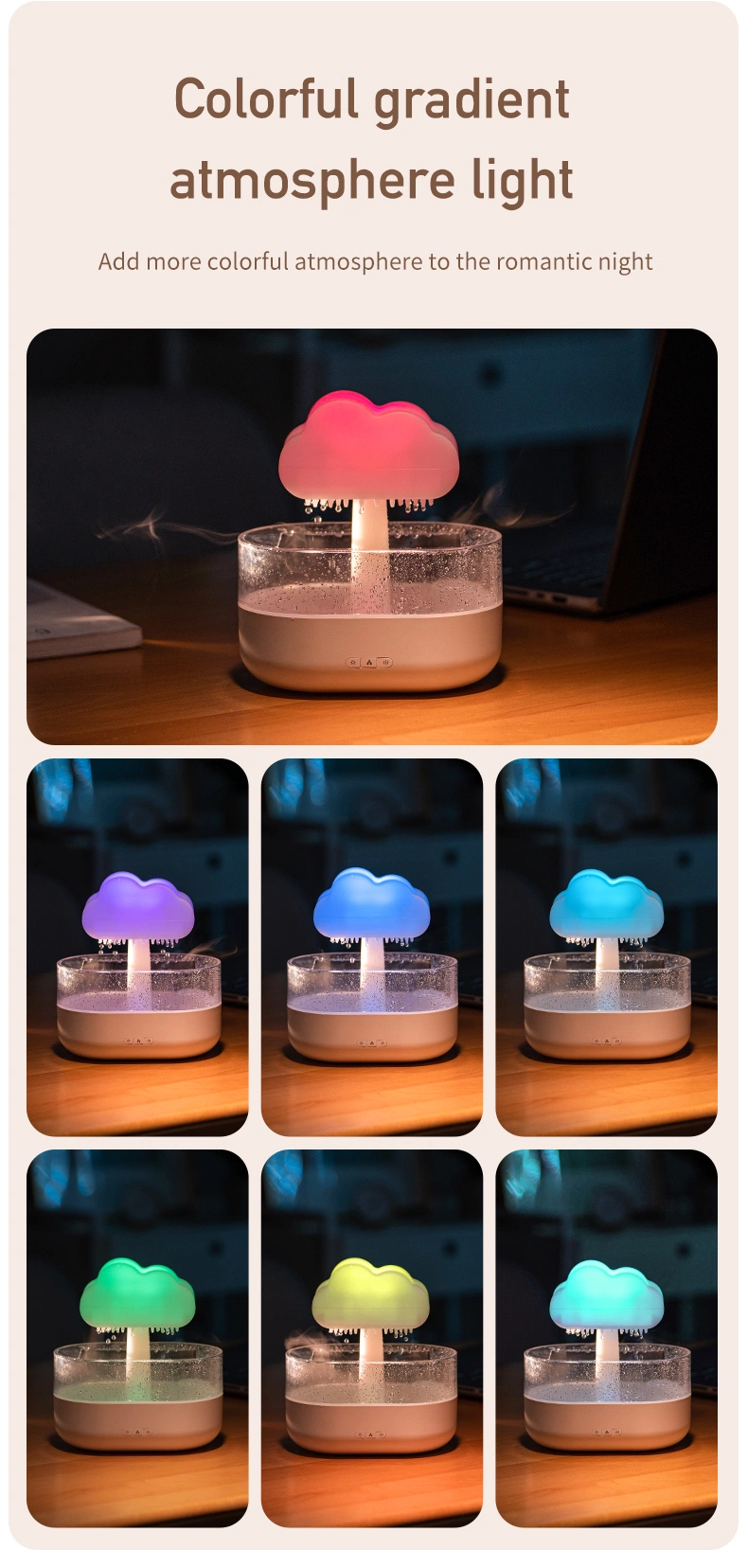 Rain Cloud Humidifier 200ml Water Drops Colorful 7-Color Light Essential Oils Aroma Diffuser