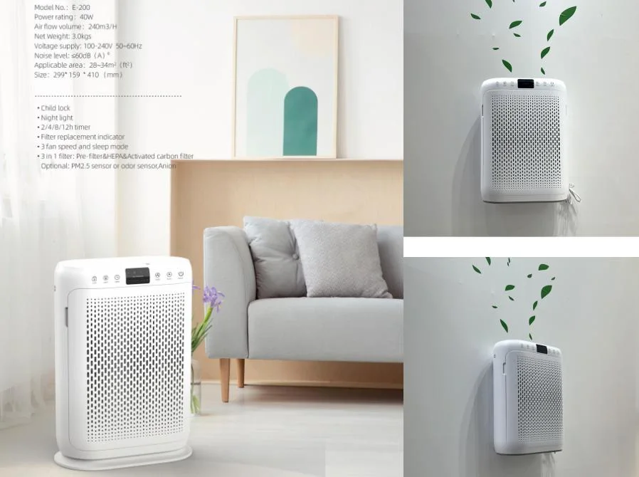 Wall Mounte Air Purifier with True HEPA Filter Controlled by WiFi