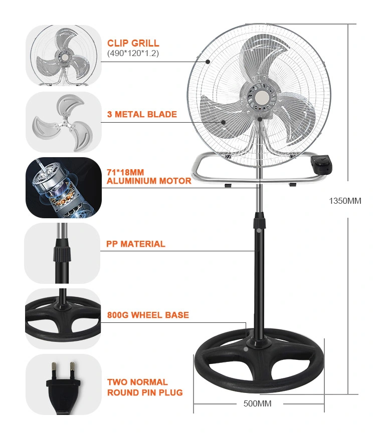 China 18 Inch 3 in 1 12V 24V AC DC High Speed Industrial Air Cooling Pedestal Standing Fan