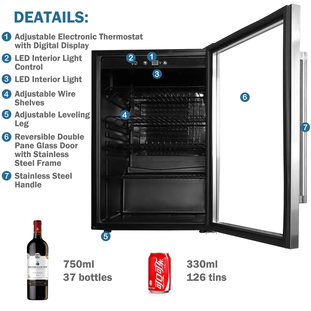 OEM Custom Stainless Steel Glass Door Wine Bottle Cooler with Compressor 128L