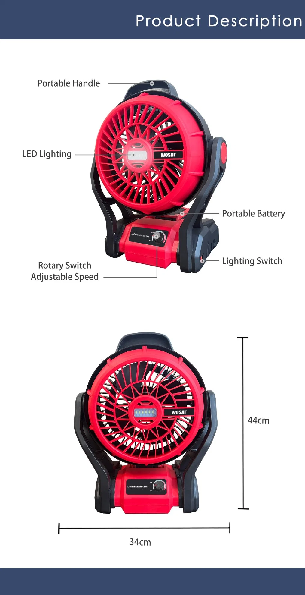 Wosai Rechargeable Table Fan 12 Plastic Mechanical Portable Table Fan 12&quot; Outdoor Fan