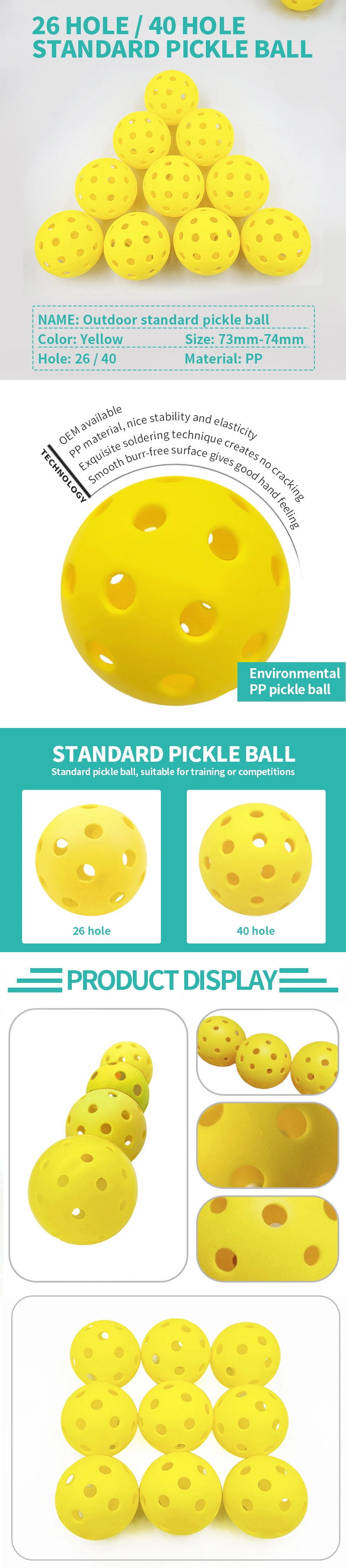 Custom Pickle Ball 74 mm 40 Hole Practice Ball High Quality and Durable Indoor Outdoor Pickleball