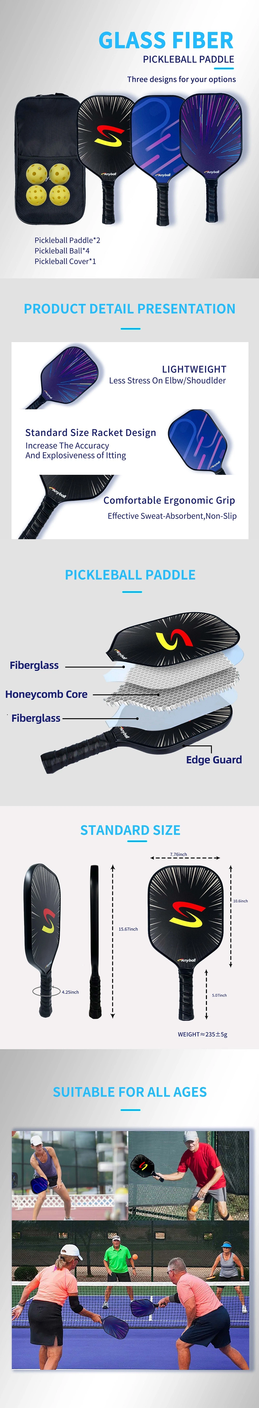 Pickleball Rackets Designed for Traction and Stability Fiberglass Paddle Outdoor Indoor