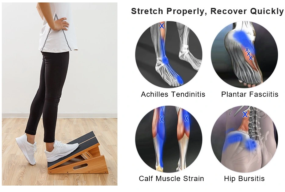 Professional Wooden Slant Board Calf Ankle Stretcher with Spiky Stress Ball Stretch Resistance Tube Adjustable Incline
