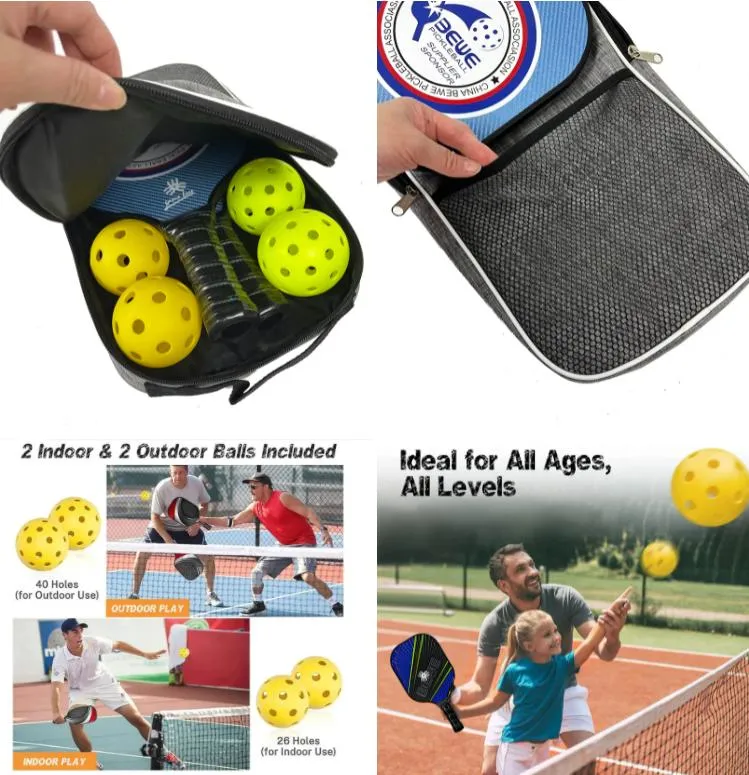 Usapa Passed High Quality Carbon Fiberglass Face PP Honeycomb Light Pickleball Paddle Set of 4 with Indoor Ball and Outdoor Ball