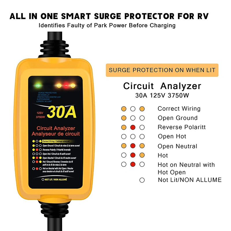 Us Standard RV Tt-30p Surge Protector for RV Three-Core Power Defender Voltage Protector Adapter Circuit Analyzer for RV Trailer