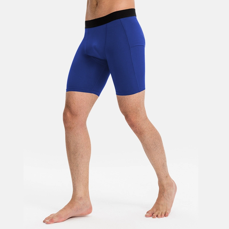 High Quality Quick Drying Sports Shorts Polyester Spandex Men&prime;s Training Fitness Compression Shorts with Side Pockets