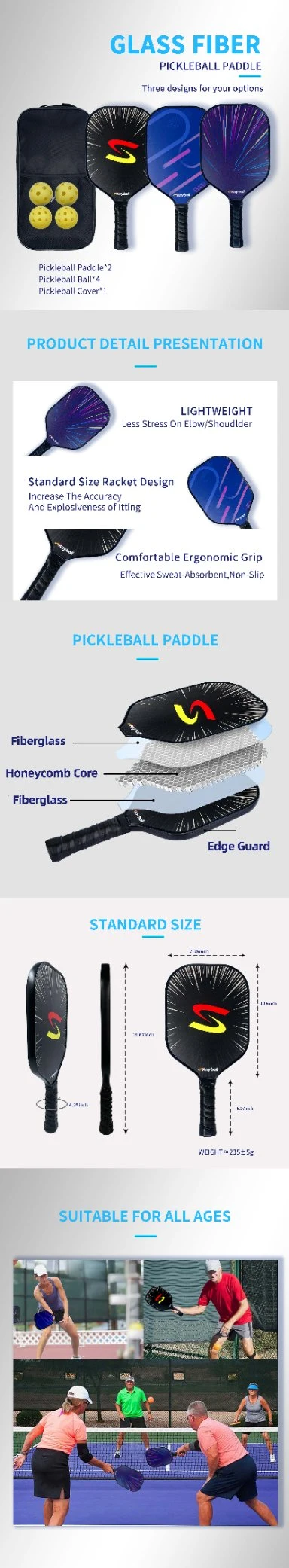 Pickleball Balls Rackets Set Fiberglass Surface Graphite Honeycomb Core Graphite Face Including Balls