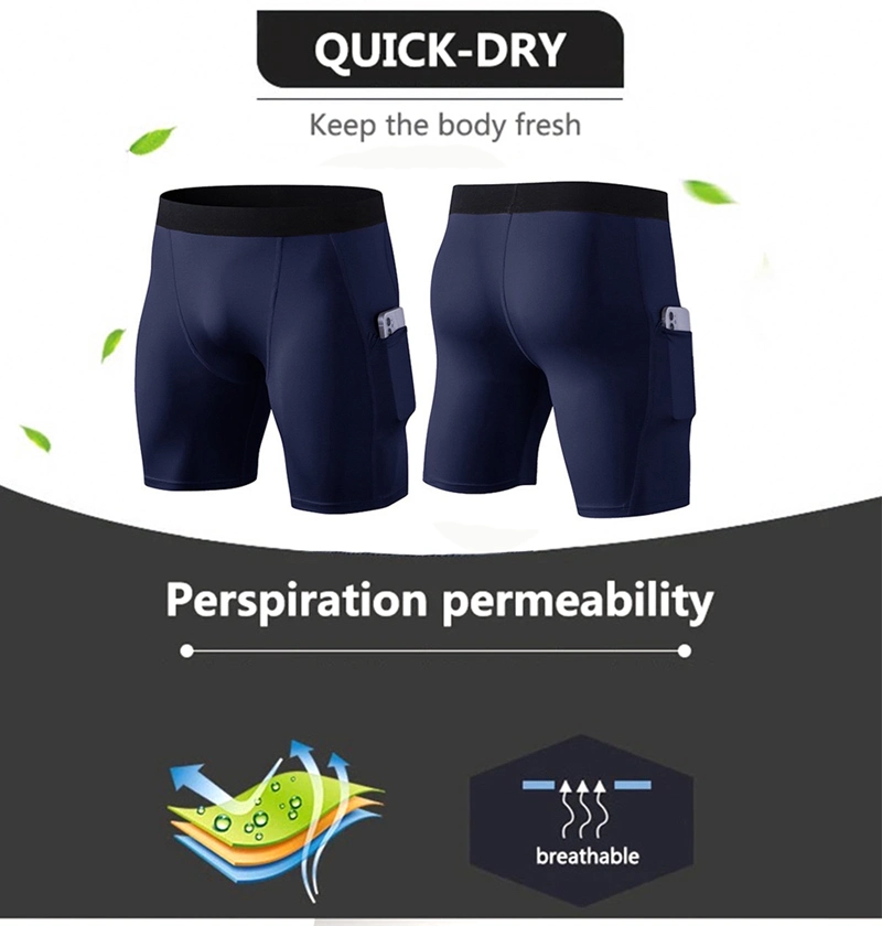 High Quality Quick Drying Sports Shorts Polyester Spandex Men&prime;s Training Fitness Compression Shorts with Side Pockets