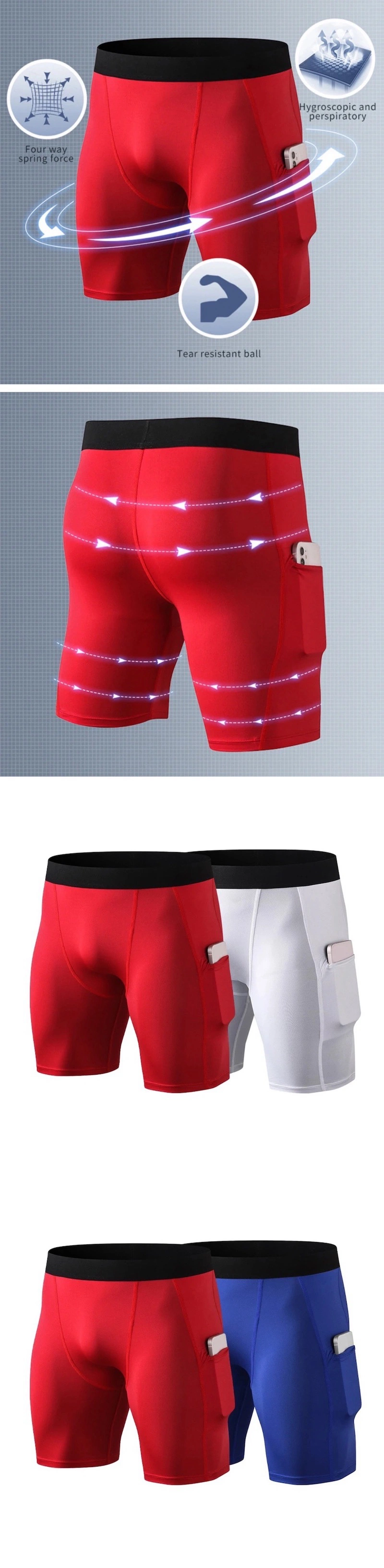 High Quality Quick Drying Sports Shorts Polyester Spandex Men&prime;s Training Fitness Compression Shorts with Side Pockets