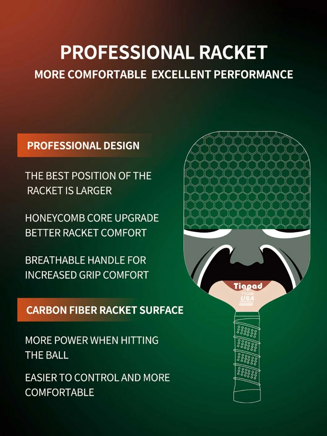 50% Carbon + 50% Glassfiber Composition +Nomex Pickleball Paddle