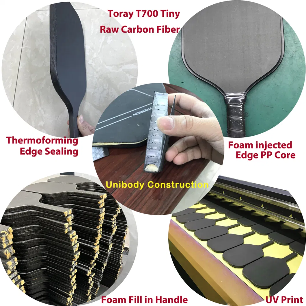 Raw Toray T700 Carbon Fiber Pickleball Paddle with 16mm Polypropylene Honeycomb Core Thermoforming Sealing Edge Unibody Construt