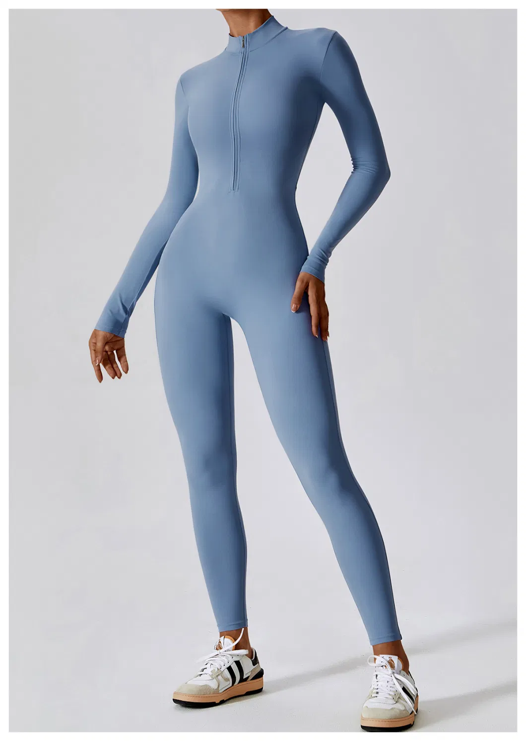 Factory Wholesale Long Sleeve Zip up Full Length Romper Playsuit Bodycon Unitard One Piece Yoga Workout Fitness Jumpsuit