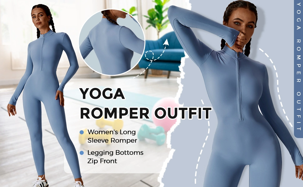 Factory Wholesale Long Sleeve Zip up Full Length Romper Playsuit Bodycon Unitard One Piece Yoga Workout Fitness Jumpsuit