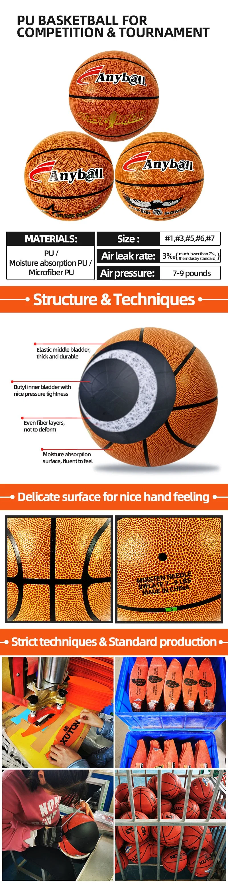Size 7 Moisture Absorption PU Leather Basketball Ball