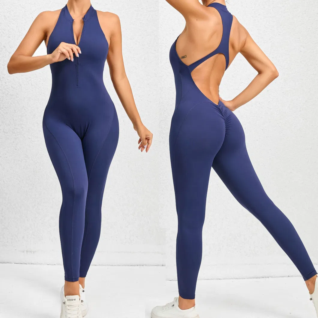 Customized Logo Women&prime;s Yoga Ribbed One Piece Tank Tops Rompers Sleeveless Workout Bodysuits Exercise Jumpsuits
